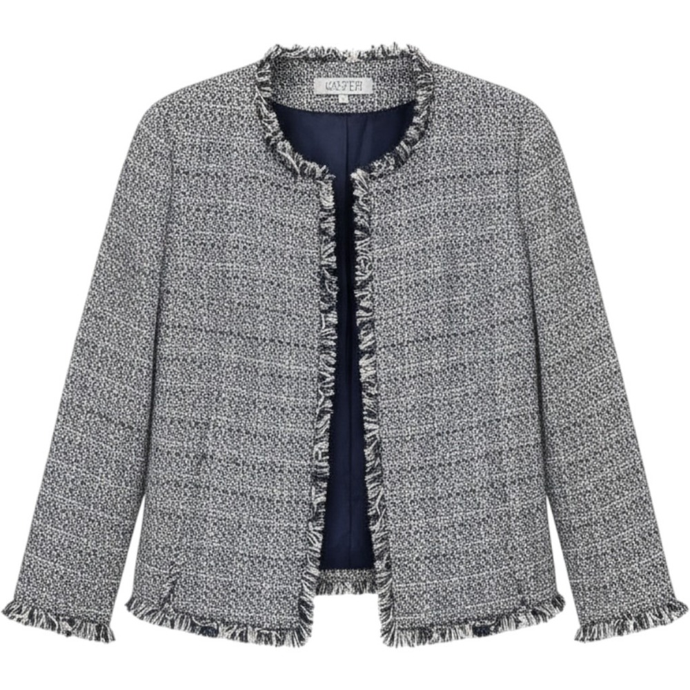 Kasper Women Blue White Tweed Fringe Trim Open Front Jacket Metallic Gold Sz 14